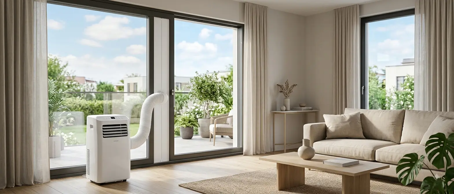 Ar condicionado portátil numa sala luminosa em Portugal