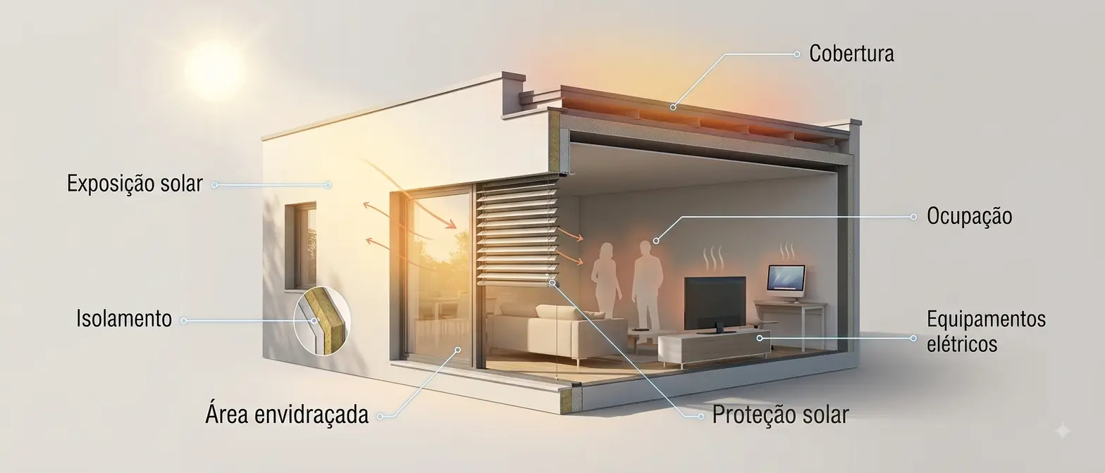 Orientação solar, isolamento, cobertura, vidro e ganhos internos