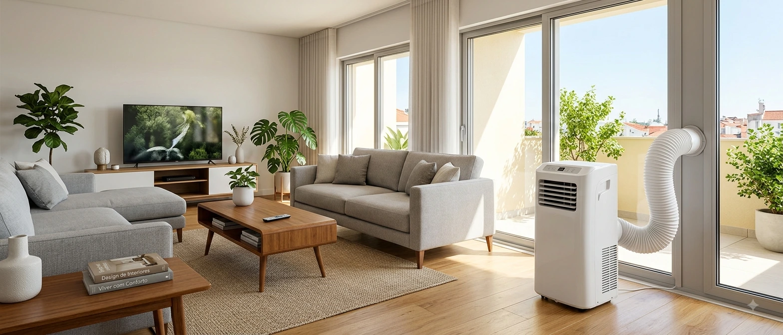 Ar condicionado portátil numa sala com varanda
